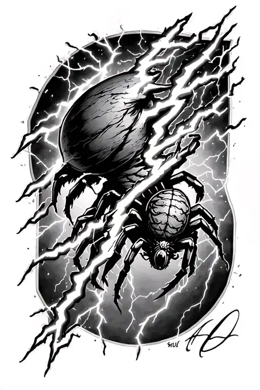 lightning that starts from the shoulder and goes down to the lower abdomen with a spider at the tip of the lightning tattoo design idea