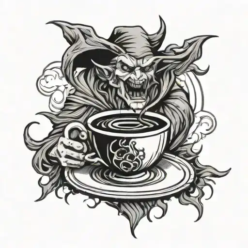 vampire werewolf witch brewing coffee tattoo design idea