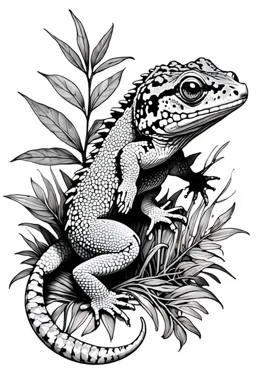 leopard gecko, crested gecko, gargoyle gecko, dart frogs, horned lizard, and plants crawling up  tattoo design idea