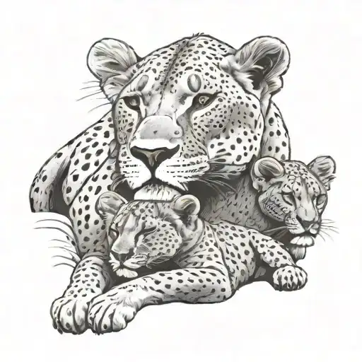 A dotwork illustration of a lioness and her cubs napping in the sun tattoo design idea