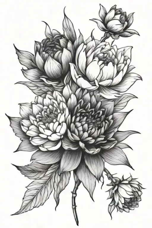 waterlily peony larkspur flower bouquet tattoo design idea