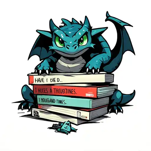 "I have died a thousand times.." Toothless the dragon curled around a stack of video games, protectively but with his green eyes open and looking out  tattoo design idea