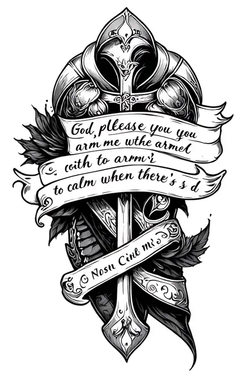 Religious style forearm tattoo with inscription "God, please could you arm me with the armor, to calm me when there's d" tattoo design idea