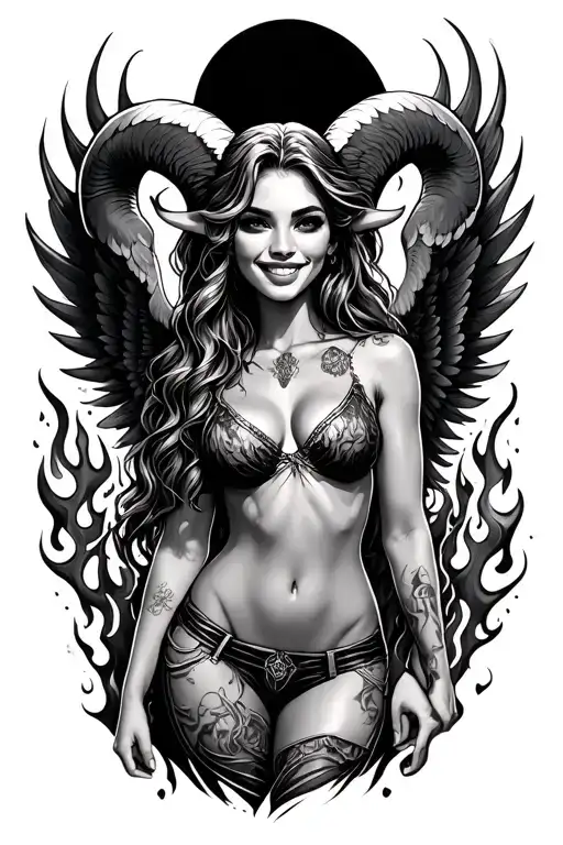 aries zodiac sign sexy smiling female wings fire surrounded tattoo design idea
