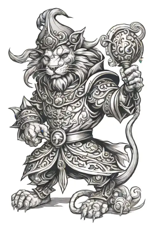 anthropomorphic lion warlock in jester's outfit tattoo design idea