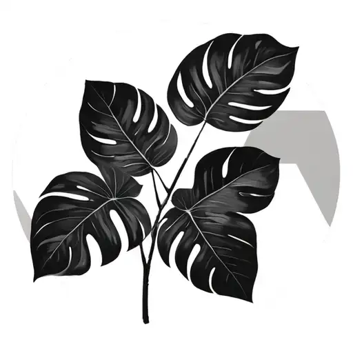 monstera and banana leaves with circle geometric background tattoo design idea