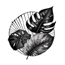 monstera and banana leaves with circle geometric background tattoo design idea