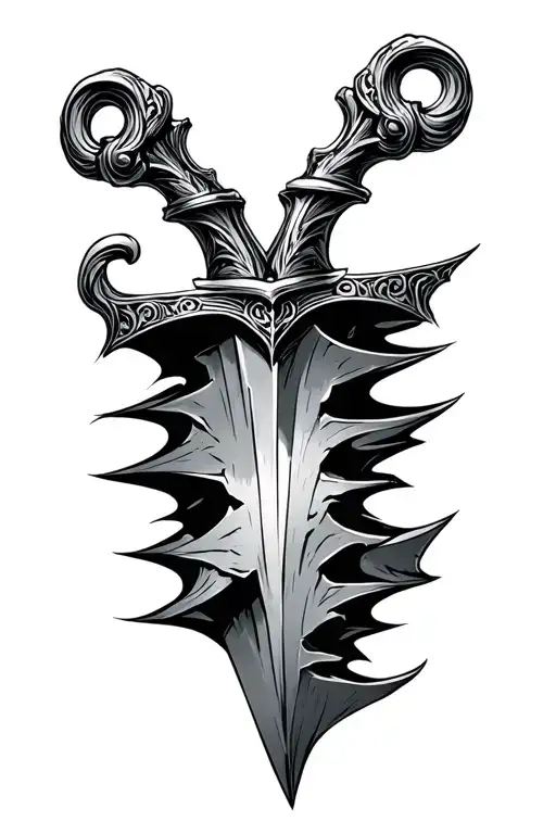 design a tattoo that is a dagger with swirled handles and the shaft is broken into pieces going down the spine tattoo design idea