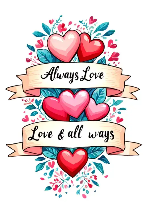 "Always Love & Love in all ways" "Always Love & Love in all ways" "Always Love & Love in all ways" different sized hearts grouped together with a ribbon banner  tattoo design idea