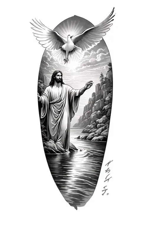Make me a tattoo on a mans arm of matthew 3:16,  Jesus in the jordan river with the dove decending from the heavens abov tattoo design idea