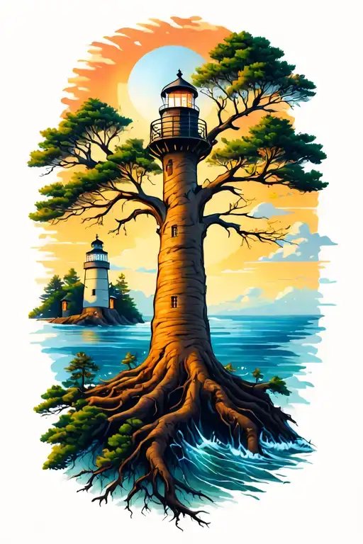 single rooted tree next to lighthouse and north start in the sky tattoo design idea