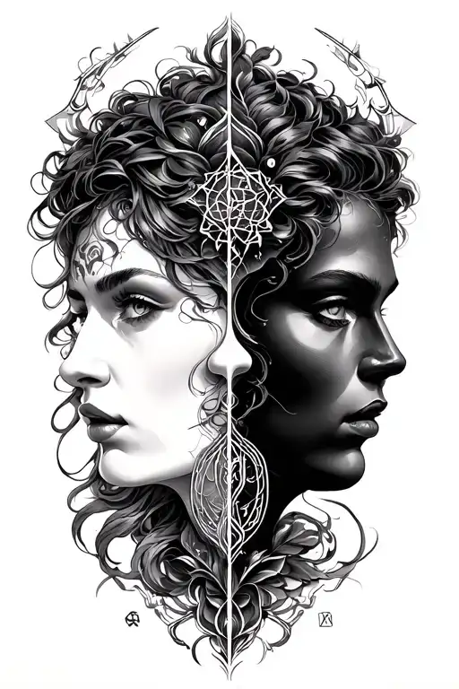 Two face gemini zodiac sign tattoo design idea