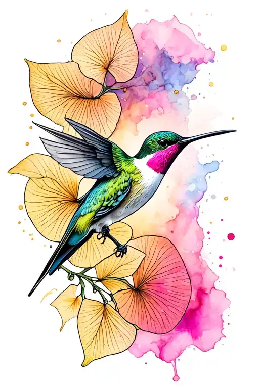 A delicate fine line tattoo design of a hummingbird  next to ginkgo leaves. watercolor splashes around tattoo design idea
