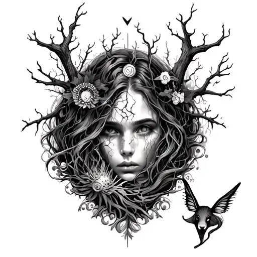 A hauntingly beautiful tattoo depicting a broken spirit finding solace in a mystical forest filled with magical creatures and elements tattoo design idea