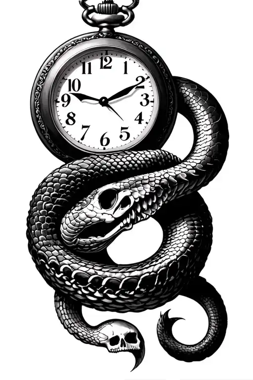 "Memento Mori Memento Vivere" "Memento Mori Memento Vivere" "Memento Mori Memento Vivere" sea snake eating its own tail in an infinity symbol, pocket watch, skull, ocean waves tattoo design idea