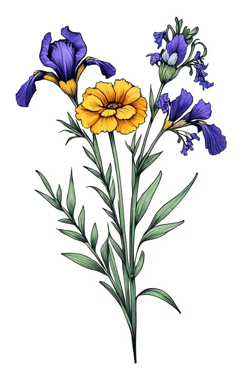 Bouquet of 4 flowers including iris, marigold, violet, and larkspur with no color and only outlines  tattoo design idea