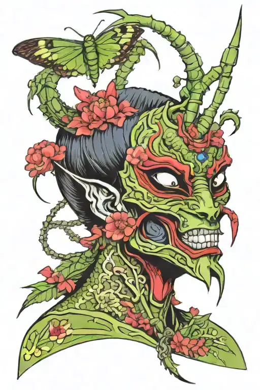 body of a praying mantis (the insect) with a geisha head removing an Asian horned mask from her face tattoo design idea