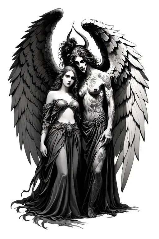 angel and demon together with large wings made tattoo design idea