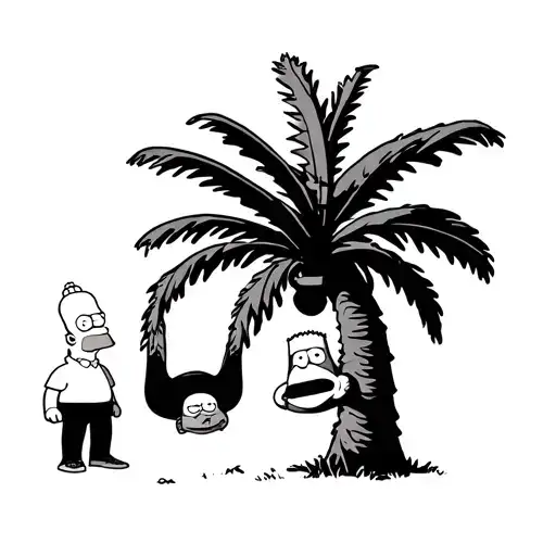 sloth hanging from a palm tree with homer Simpson, Berty basset man and cartman tattoo design idea