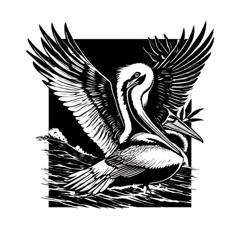 fine line pelican flying tattoo design idea