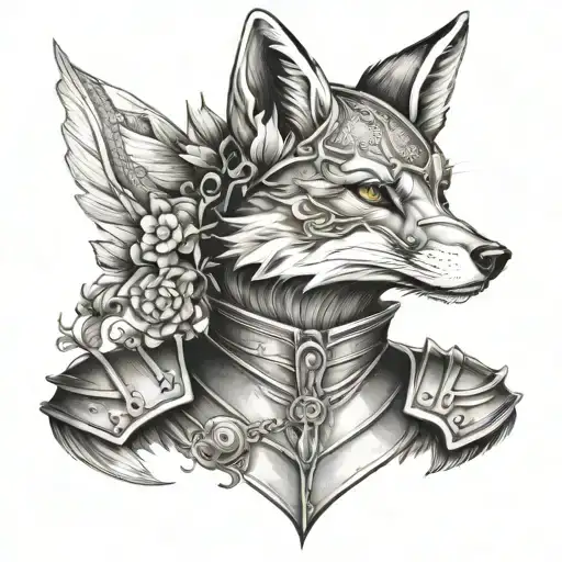 anthropomorphic fox in a suit of armour. include appealing extra nature details. black and grey tattoo. tattoo design idea