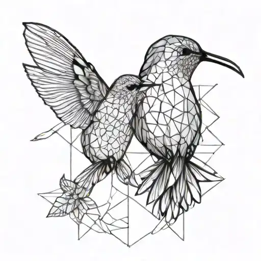 two hummingbird birds looking towards each other, geometric line style tattoo design idea