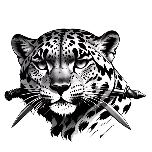 exotic snow leopard with swords drawn tattoo design idea