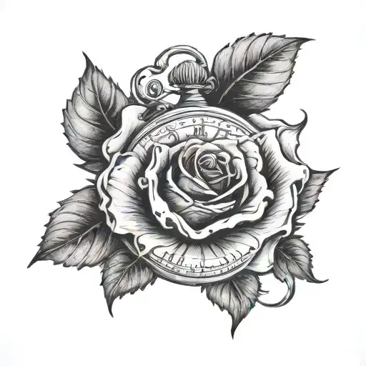 rose with the name Adalyn above it, a clock with the time 3:31 on a scale with the weight 7 Ibs 1oz tattoo design idea