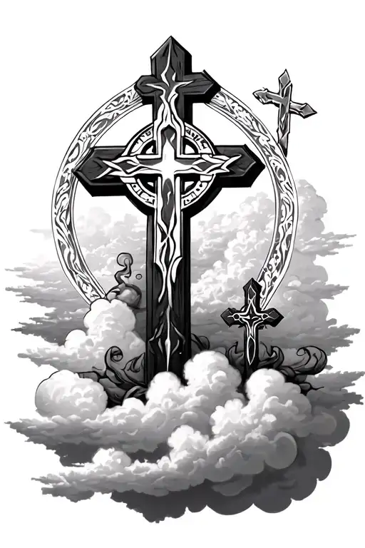 3 crosses sitting in clouds tattoo design idea