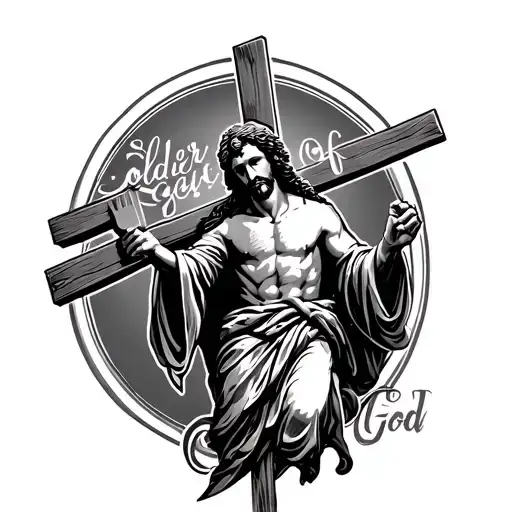 "Soldier of god" soldier carrying cross Jesus tattoo design idea