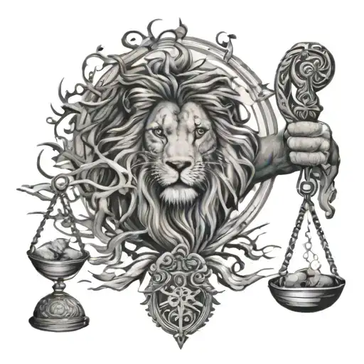 lion head and justice scales with life tree emerging tattoo design idea