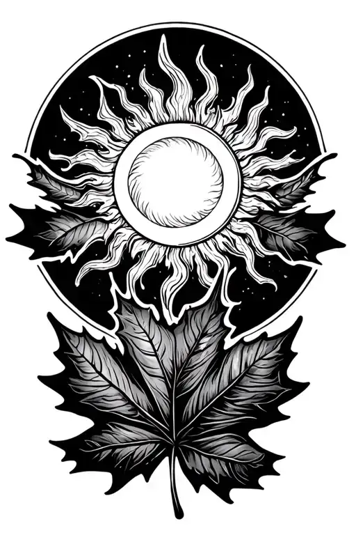 sun with maple leaf shaped like tattoo design idea