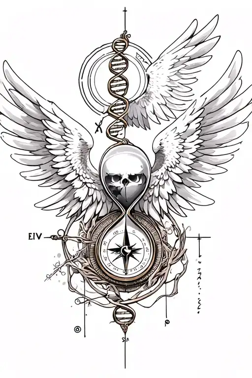 angel of death, eagle wings, DNA strand, hourglass, compass tattoo design idea