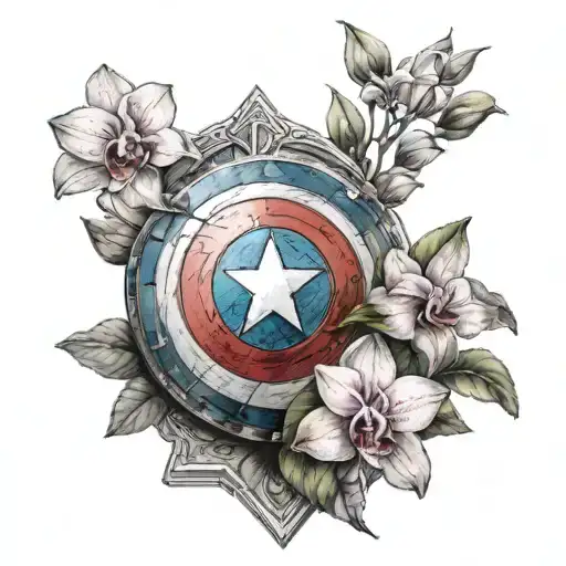 captain America shield with orchids around it tattoo design idea