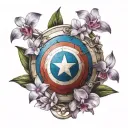 captain America shield with orchids around it tattoo design idea