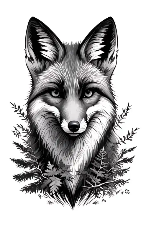 fox face surrounded by forest in black and white tattoo design idea