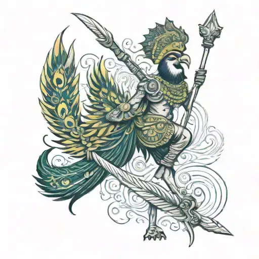 loard murugan divine javelin spear with peacock with rooster tattoo design idea