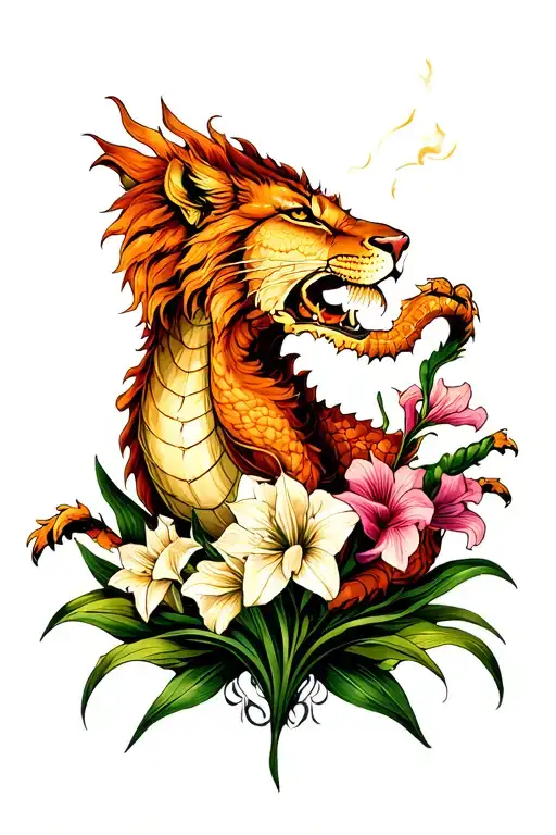 leo zodiac sign surrounded by gladiolus flower and earth dragon tattoo design idea