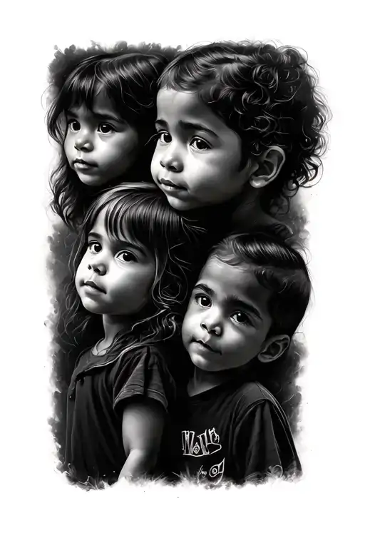 line portrait for 4 kids on my thigh tattoo tattoo design idea