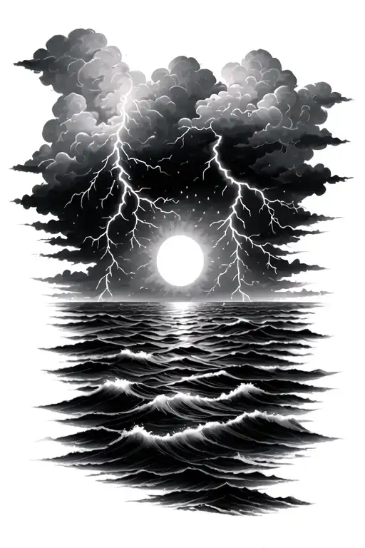 half sun, bottom part covered by thunder clouds with rain and lightning coming down on ocean waves tattoo design idea