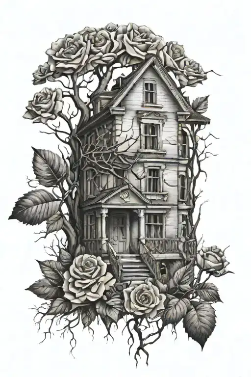 Abandoned Stalin-era house, roses, tree roots tattoo design idea