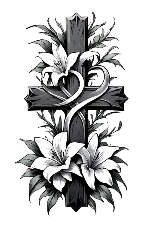 cross with infinity and lilies tattoo design idea