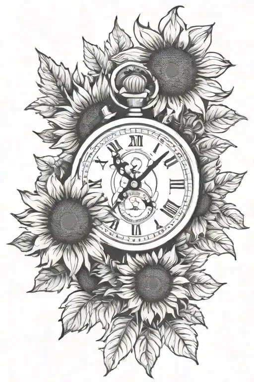 old stop watch surrounded by sunflowers tattoo design idea