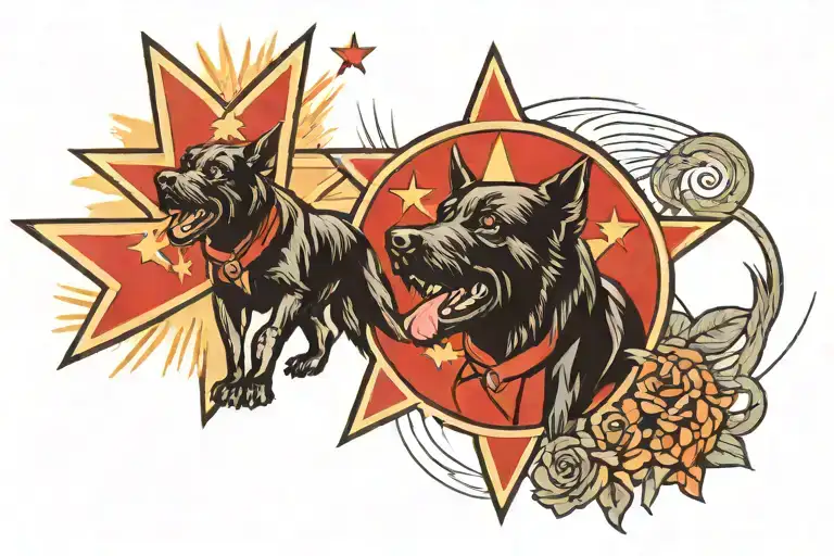 A red communist star in the background, with a black dog running in the foreground tattoo design idea