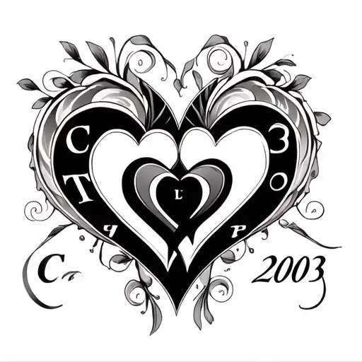 3 hearts intertwined with letter C and 2001 other with T and 2003 and the last with C and 2009 tattoo design idea