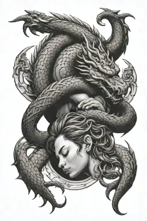 A sleeping student with a dragon and snake intertwined in a yin-yang symbol tattoo design idea