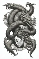 A sleeping student with a dragon and snake intertwined in a yin-yang symbol tattoo design idea
