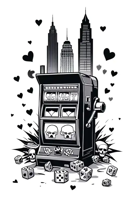 The city of luck and sin. Vegas skyline silhouettes. Slot machine reels showing skulls, dice, and hearts.  tattoo design idea
