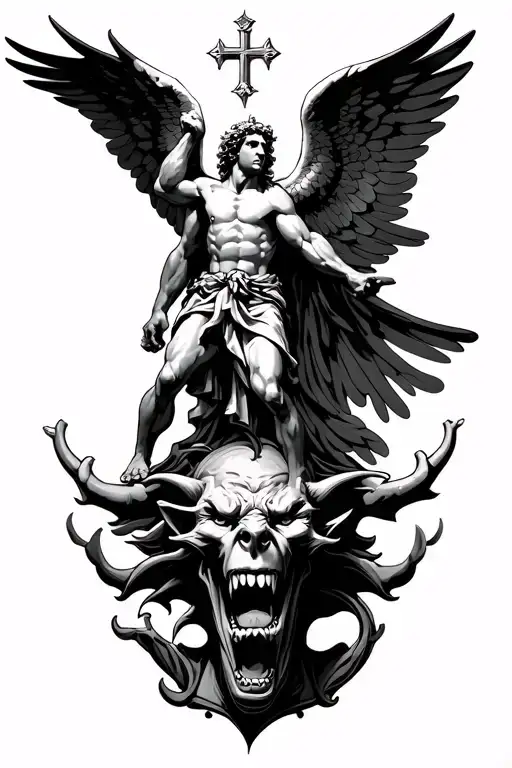 saint michael archangel stomping on demons head tattoo design idea