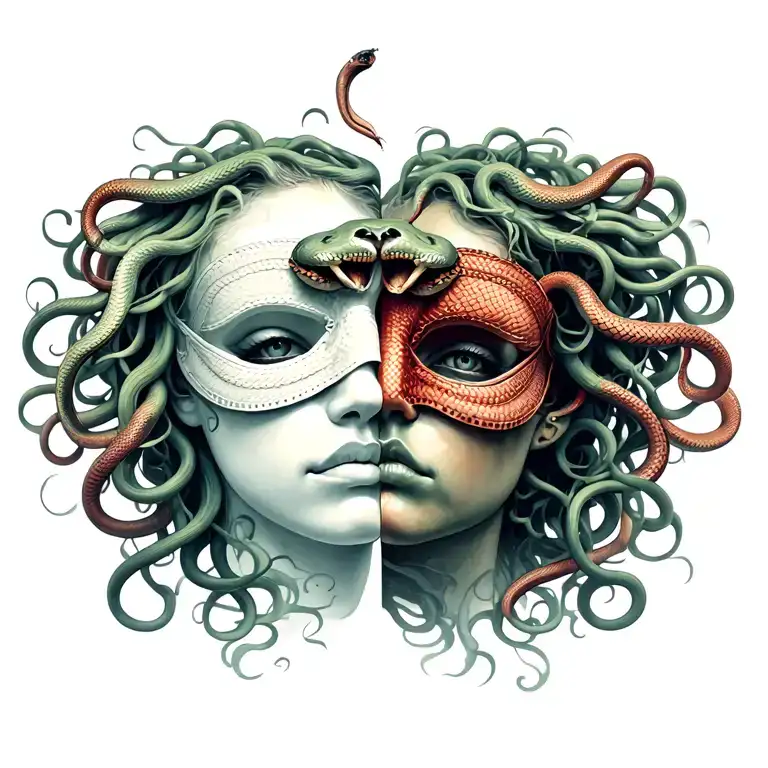 medusa with mask half happy half sad and two snakes tattoo design idea